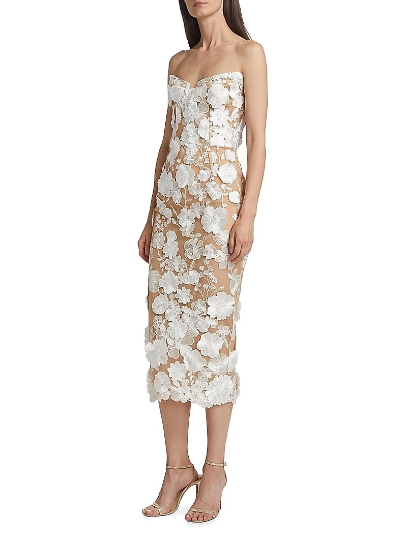 Jasmine 3D Floral Strapless Midi-Dress