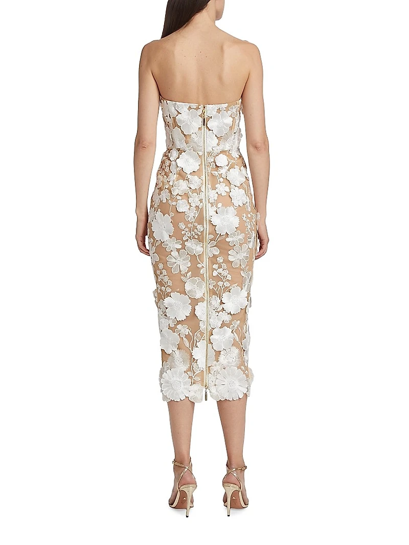 Jasmine 3D Floral Strapless Midi-Dress
