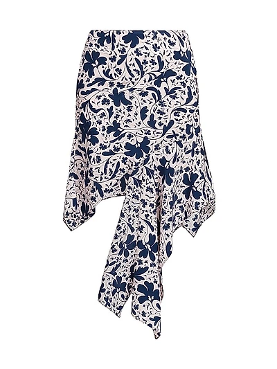 Asymmetric Wallflower-Print Silk Skirt