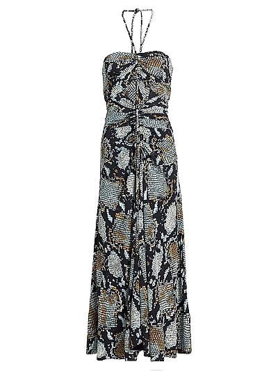 Snakeskin-Printed Halter Maxi Dress