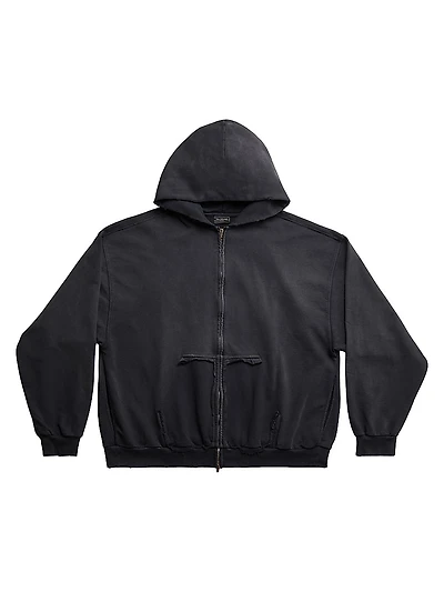 Tape Type Ripped Pocket Zip-Up Hoodie