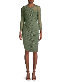 Diana Mesh-Sleeve Ruched Midi-Dress