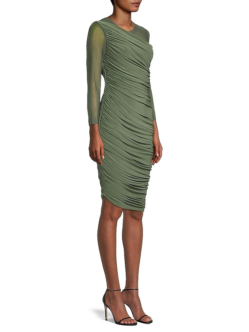 Diana Mesh-Sleeve Ruched Midi-Dress