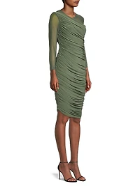 Diana Mesh-Sleeve Ruched Midi-Dress