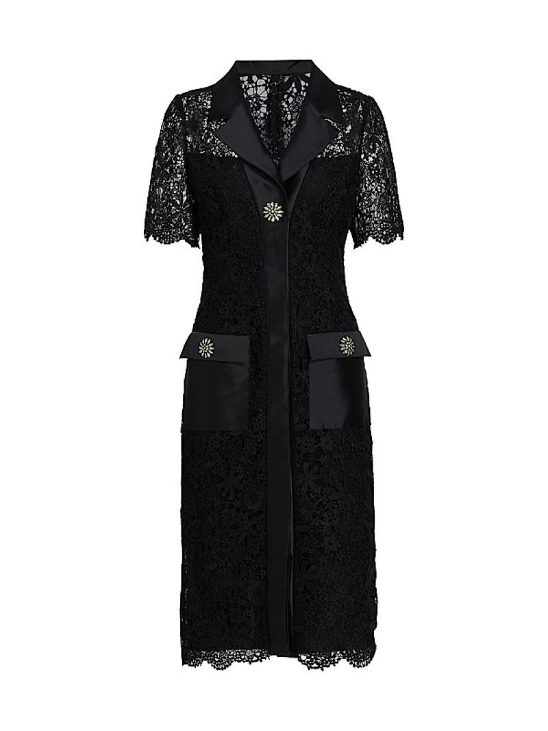 Lace Short-Sleeve Cocktail Midi-Dress