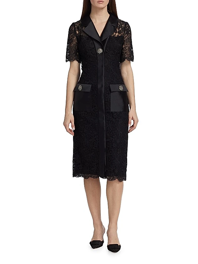 Lace Short-Sleeve Cocktail Midi-Dress