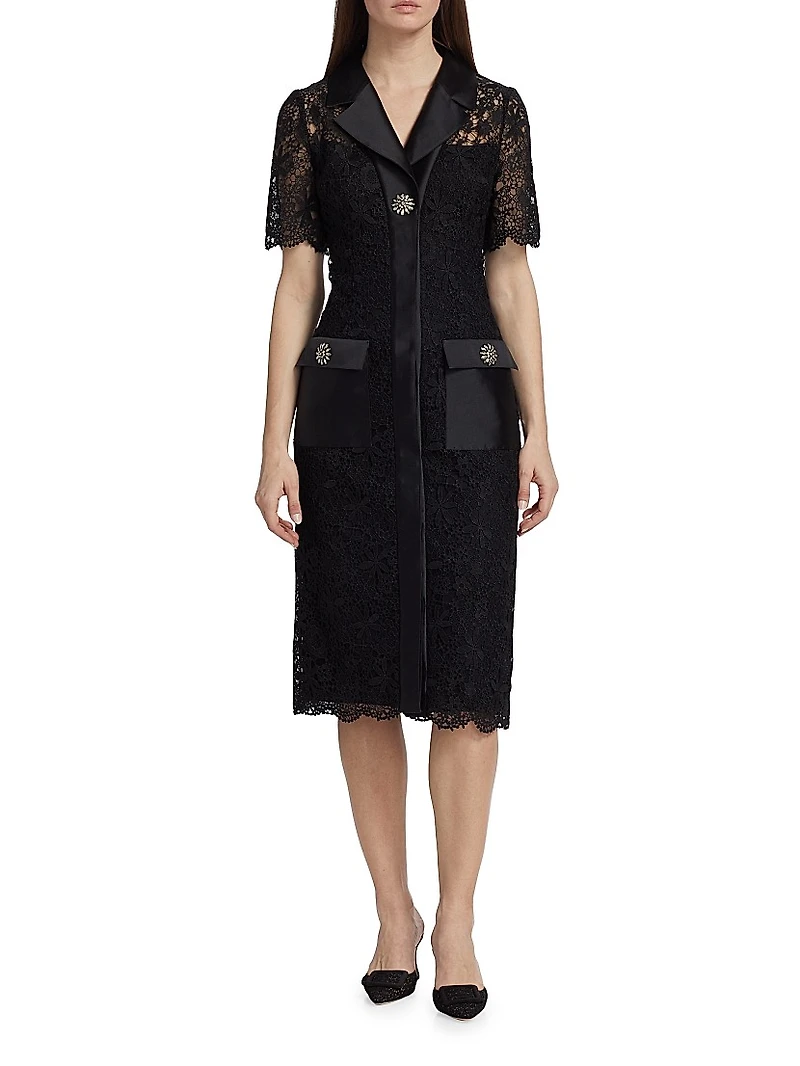 Lace Short-Sleeve Cocktail Midi-Dress
