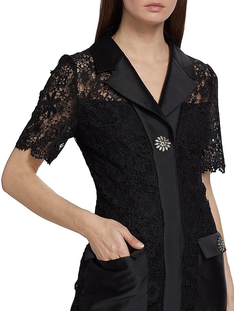 Lace Short-Sleeve Cocktail Midi-Dress