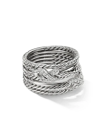 Double X Crossover Ring with Pavé Diamonds