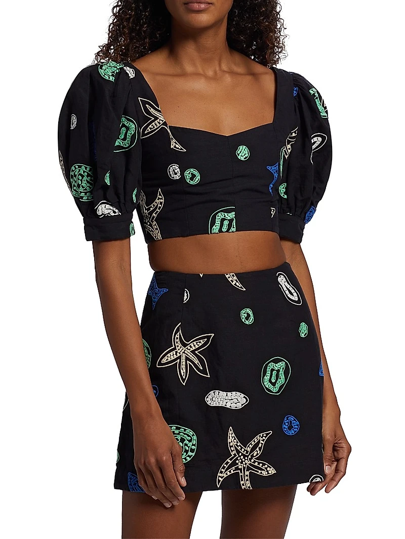 Embroidered Puff-Sleeve Crop Top