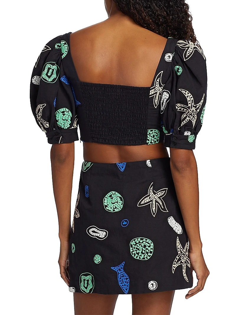 Embroidered Puff-Sleeve Crop Top