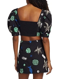 Embroidered Puff-Sleeve Crop Top