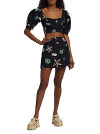 Embroidered Puff-Sleeve Crop Top