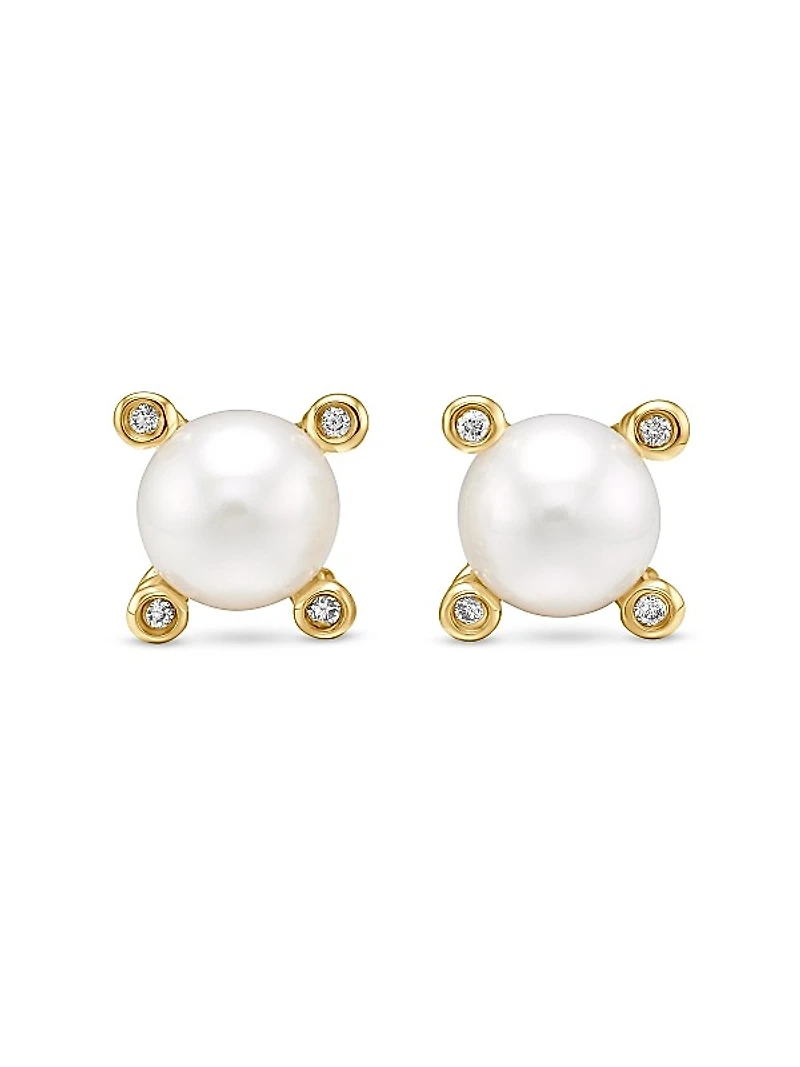 Pearl Stud Earrings in 18K Yellow Gold with Pearls and Diamonds, 7.4mm