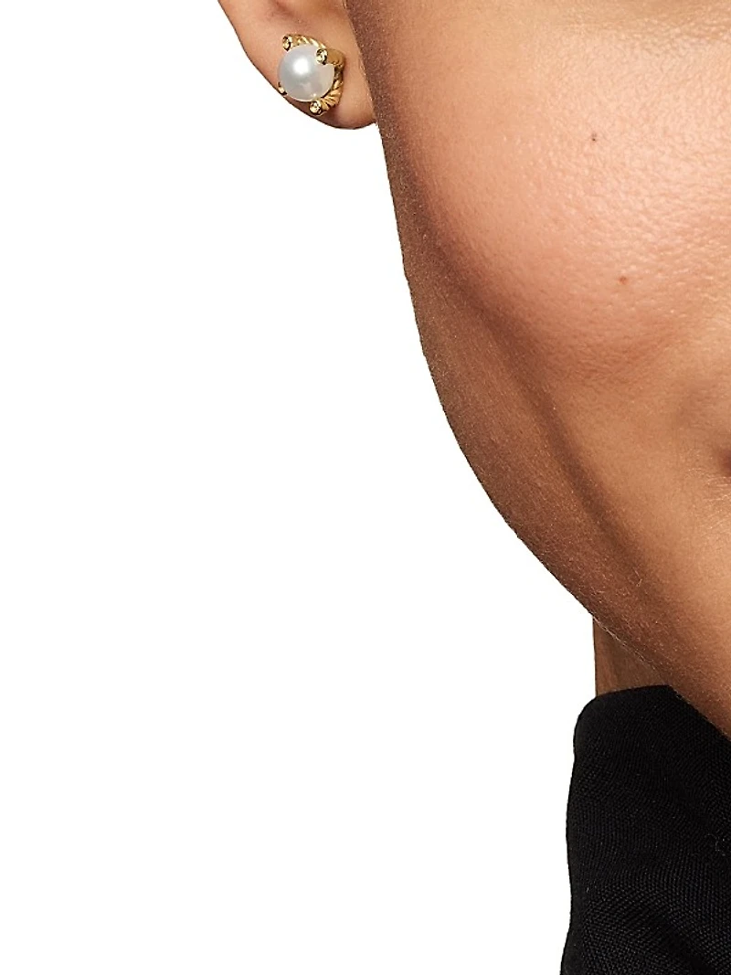 Pearl Stud Earrings in 18K Yellow Gold with Pearls and Diamonds, 7.4mm