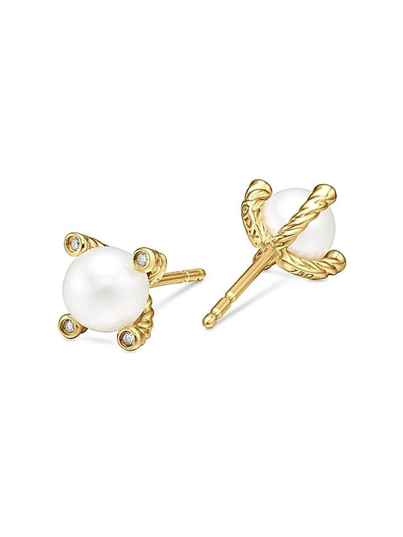 Pearl Stud Earrings in 18K Yellow Gold with Pearls and Diamonds, 7.4mm