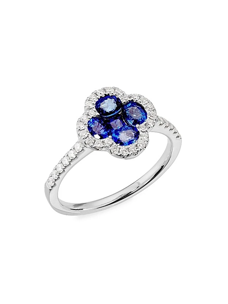 14K White Gold, Blue Sapphire & 0.3 TCW Four-Leaf Clover Ring