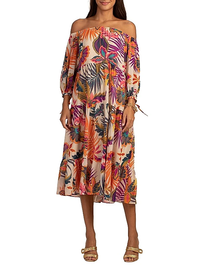 Cattleya Floral Off-The-Shoulder Midi-Dress