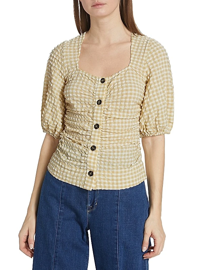 Stretch Seersucker Puff-Sleeve Blouse