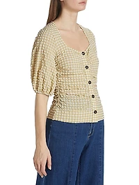 Stretch Seersucker Puff-Sleeve Blouse