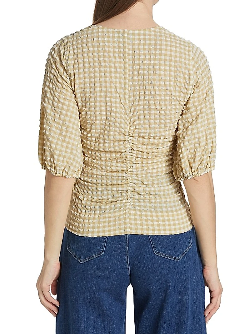 Stretch Seersucker Puff-Sleeve Blouse