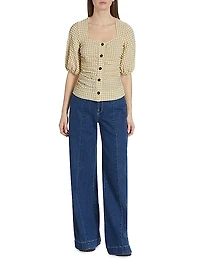 Stretch Seersucker Puff-Sleeve Blouse