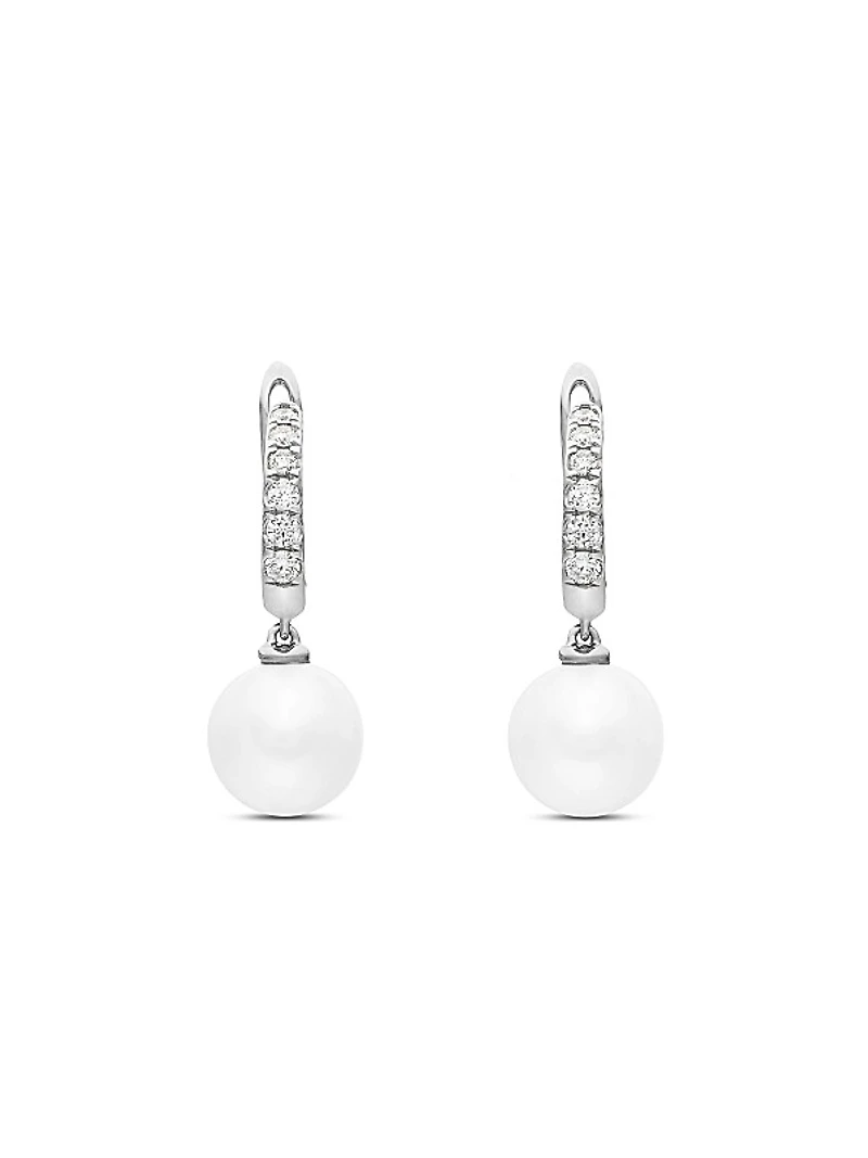 Pearl and Pavé Drop Earrings in Sterling Silver with Pearls and Diamonds, 15.6mm