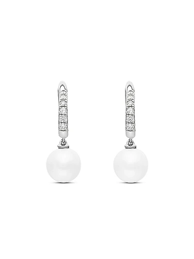 Pearl and Pavé Drop Earrings in Sterling Silver with Pearls and Diamonds, 15.6mm