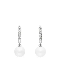 Pearl and Pavé Drop Earrings in Sterling Silver with Pearls and Diamonds, 15.6mm