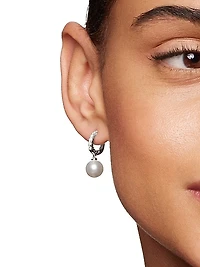 Pearl and Pavé Drop Earrings in Sterling Silver with Pearls and Diamonds, 15.6mm