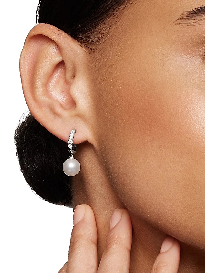 Pearl and Pavé Drop Earrings in Sterling Silver with Pearls and Diamonds, 15.6mm