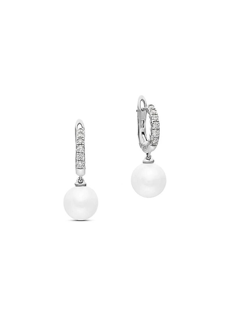 Pearl and Pavé Drop Earrings in Sterling Silver with Pearls and Diamonds, 15.6mm