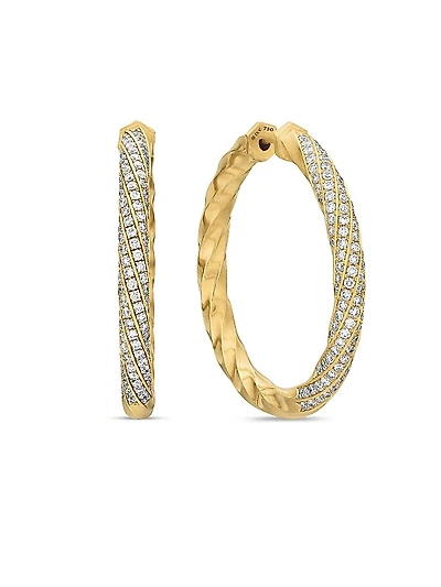 Cable Edge Hoop Earrings in 18K Yellow Gold with Diamonds, 1.5in
