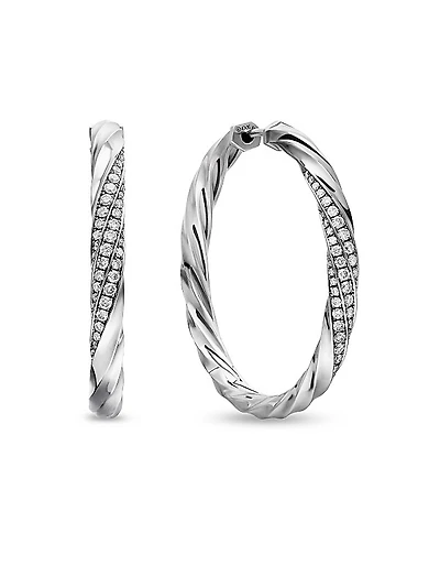 Cable Edge Hoop Earrings in Sterling Silver with Diamonds, 1.5in