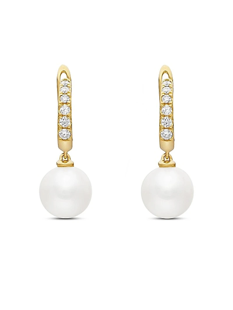 Pearl and Pavé Drop Earrings in 18K Yellow Gold with Pearls and Diamonds, 15.6mm