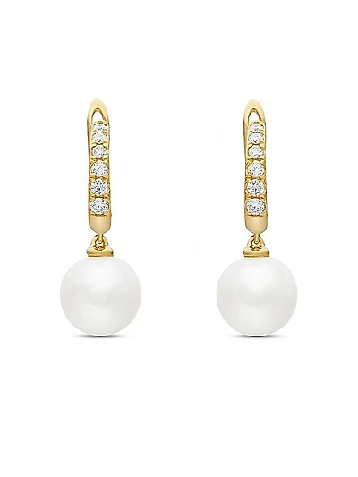 Pearl and Pavé Drop Earrings in 18K Yellow Gold with Pearls and Diamonds, 15.6mm