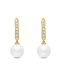 Pearl and Pavé Drop Earrings in 18K Yellow Gold with Pearls and Diamonds, 15.6mm