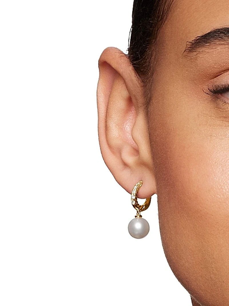 Pearl and Pavé Drop Earrings in 18K Yellow Gold with Pearls and Diamonds, 15.6mm