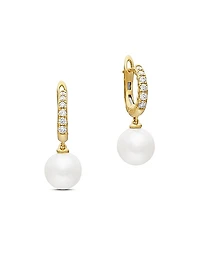 Pearl and Pavé Drop Earrings in 18K Yellow Gold with Pearls and Diamonds, 15.6mm