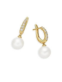 Pearl and Pavé Drop Earrings in 18K Yellow Gold with Pearls and Diamonds, 15.6mm