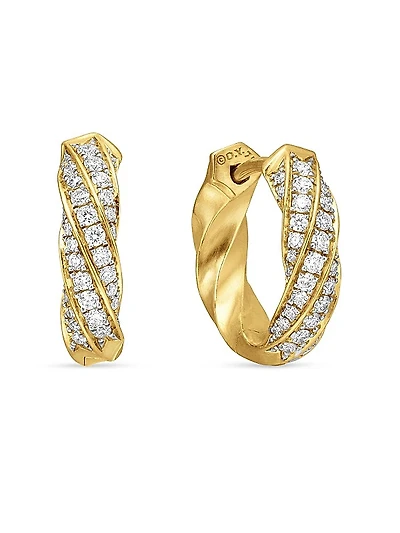 Cable Edge Huggie Hoop Earrings in 18K Yellow Gold with Diamonds, 13mm