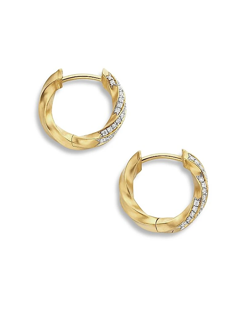 Cable Edge Huggie Hoop Earrings in 18K Yellow Gold with Diamonds, 13mm