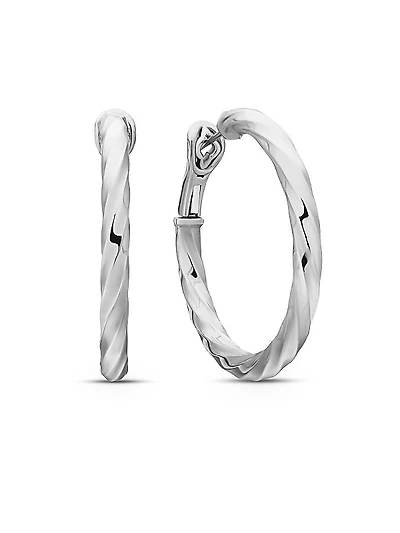 Cable Edge Hoop Earrings in Sterling Silver, 1.5in