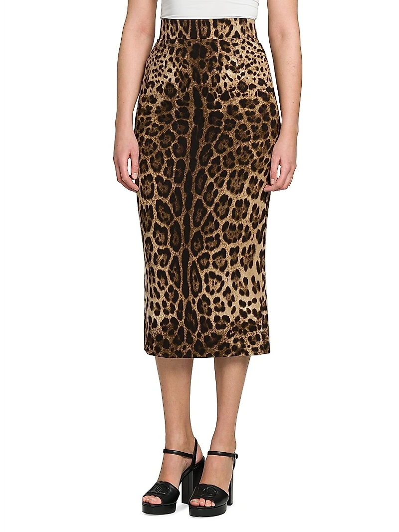 Leopard-Print Wool Midi-Skirt