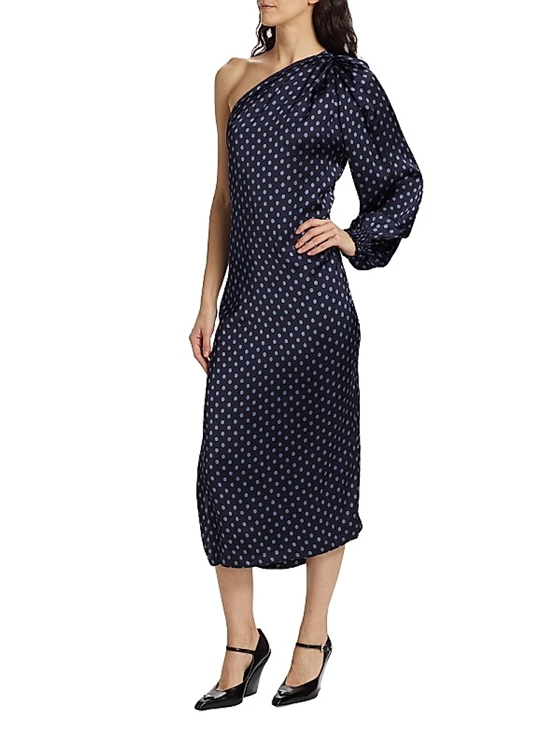 Keeley One-Shoulder Polka-Dot Midi-Dress