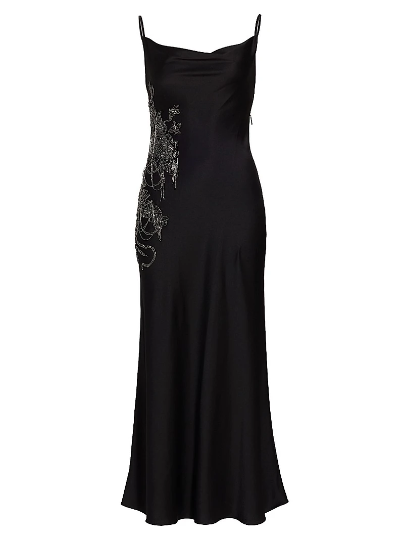 Beaded & Open-Back Satin Gown