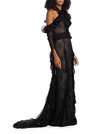 Ruffle-Embellished Lace Gown