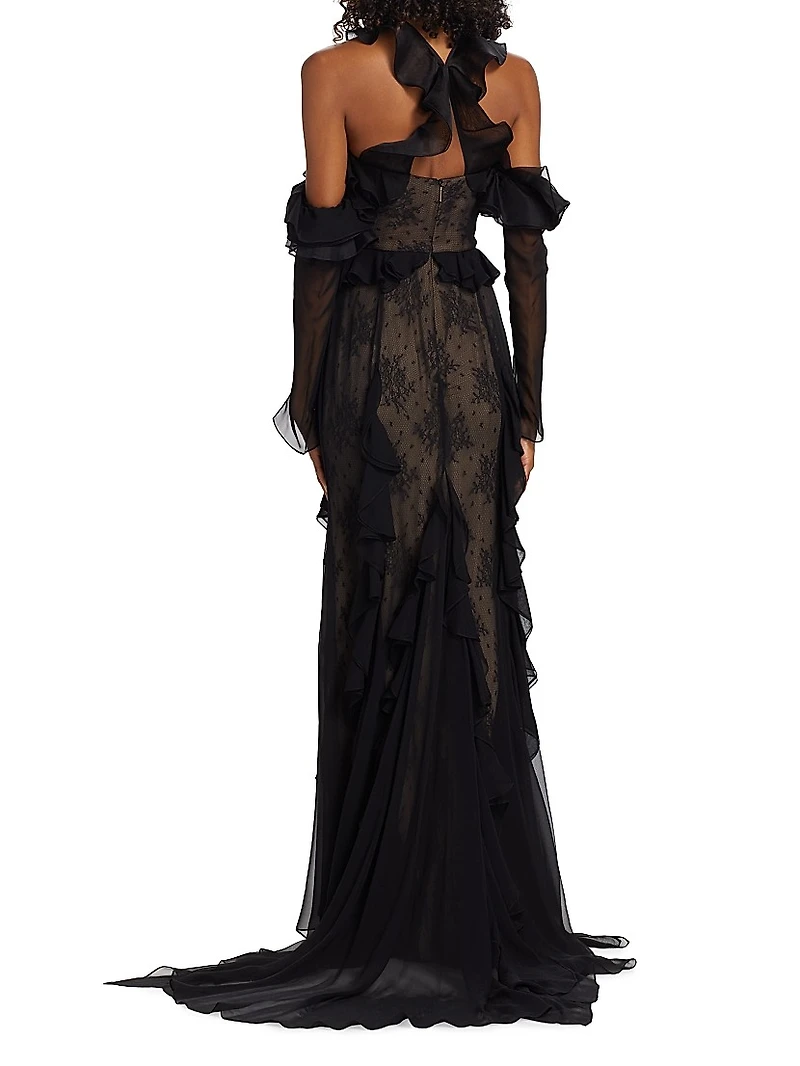 Ruffle-Embellished Lace Gown