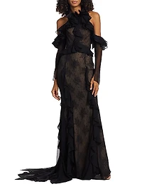 Ruffle-Embellished Lace Gown