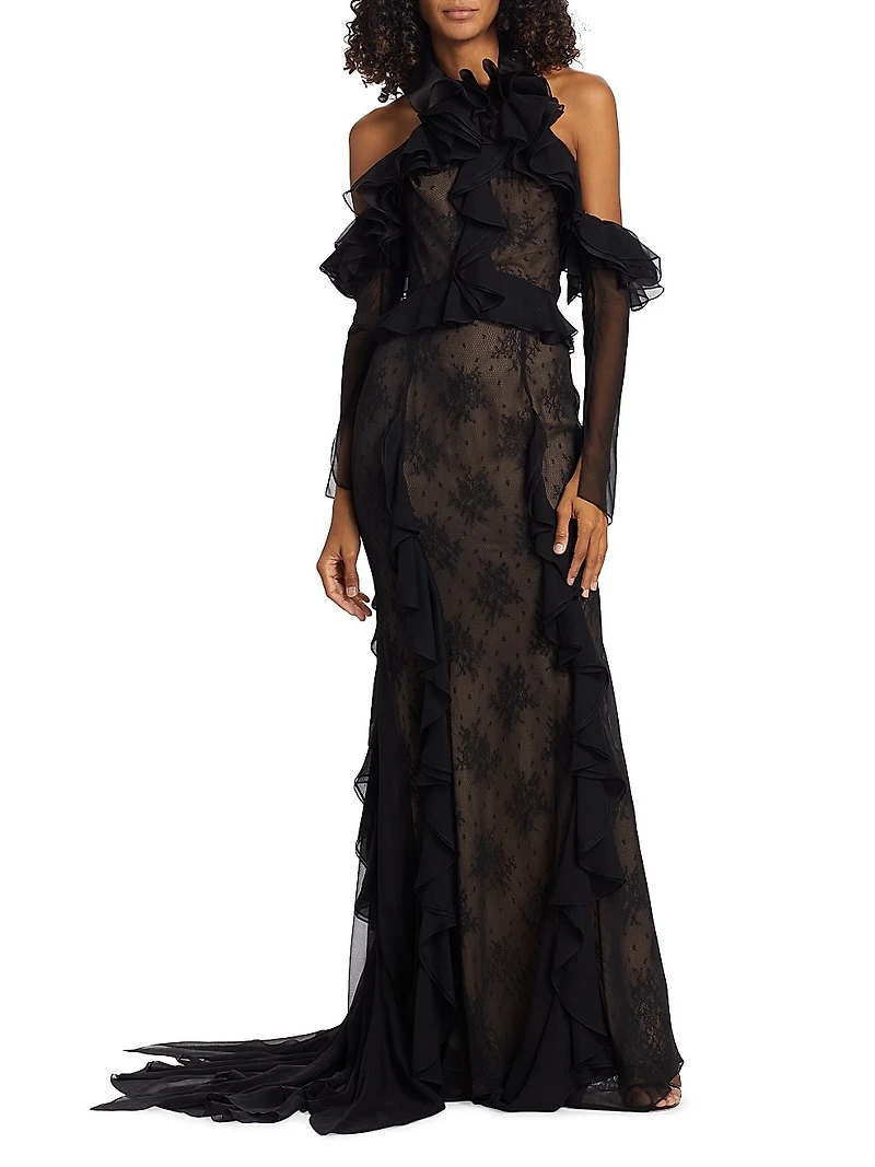 Ruffle-Embellished Lace Gown